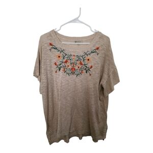 DEMOCRACY Sweater Top Womens XL Short Sleeve Open Knit Embroidered Floral Brown